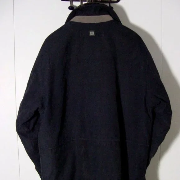 Vtg 90's Rainforest Dark Blue Zip Coat w Leather Collar Sz L